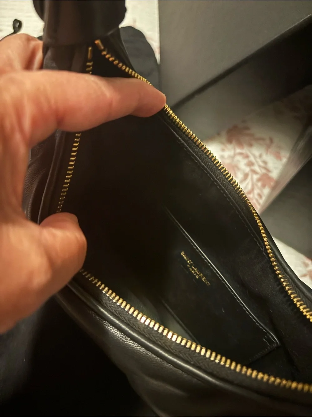 Saint Laurent Black Leather Hobo Bag with Gold YSL Emblem